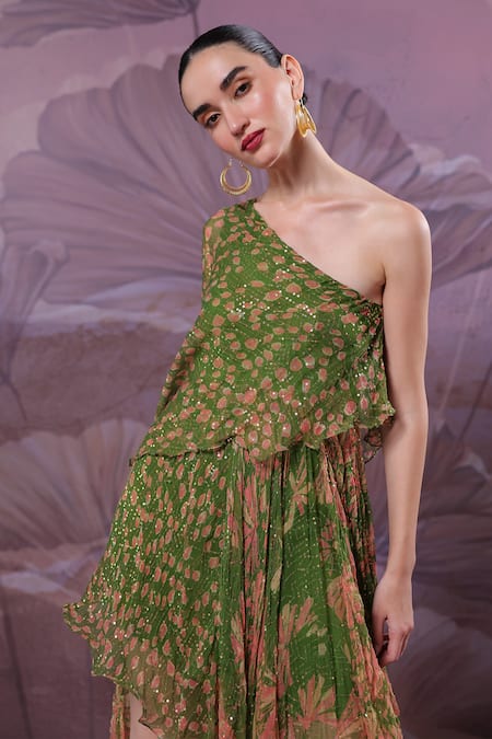 Pallavi Jaipur_Green Chiffon Sequins One Shoulder Marble Palace Dress _at_Aza_Fashions
