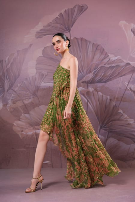 Buy_Pallavi Jaipur_Green Chiffon Sequins One Shoulder Marble Palace Dress 