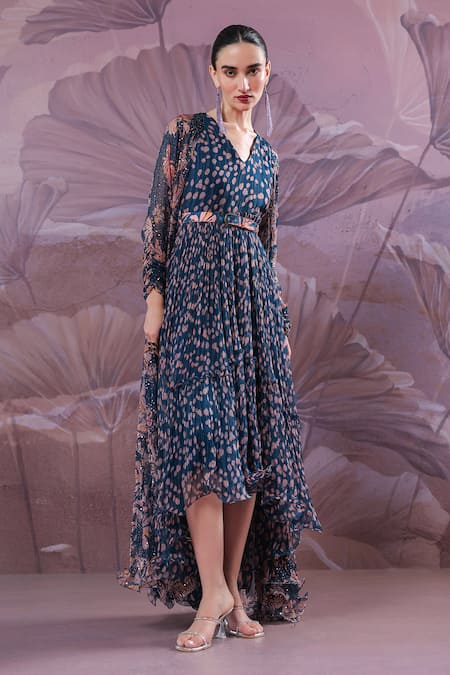 Pallavi Jaipur_Navy Chiffon V-, Open Park Street Jhilmil Cape With Dress _Online_at_Aza_Fashions