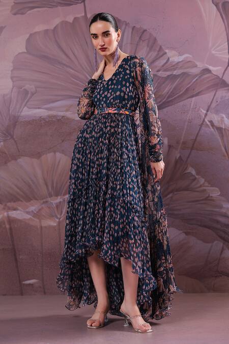 Buy_Pallavi Jaipur_Navy Chiffon V-, Open Park Street Jhilmil Cape With Dress _Online_at_Aza_Fashions