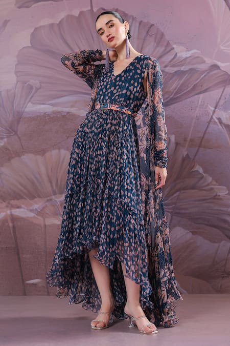 Pallavi Jaipur Navy Chiffon V-, Open Park Street Jhilmil Cape With Dress 