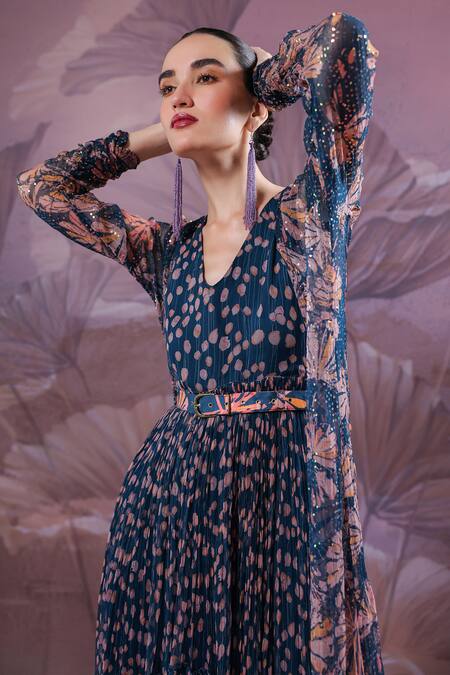 Shop_Pallavi Jaipur_Navy Chiffon V-, Open Park Street Jhilmil Cape With Dress _Online_at_Aza_Fashions