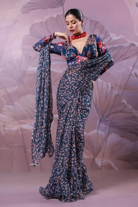 Pallavi Jaipur Blue Chiffon Sequins, Embroidery V-neck Calcutta Jhilmil Saree With Blouse 