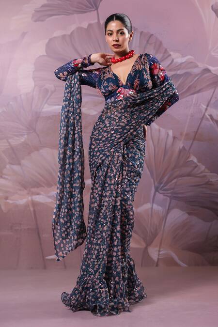 Pallavi Jaipur_Blue Chiffon Sequins, Embroidery V-neck Calcutta Jhilmil Saree With Blouse _Online_at_Aza_Fashions