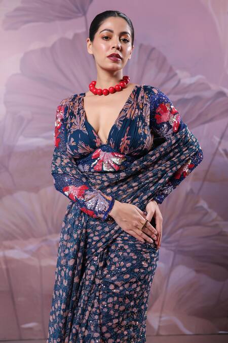 Buy_Pallavi Jaipur_Blue Chiffon Sequins, Embroidery V-neck Calcutta Jhilmil Saree With Blouse _Online_at_Aza_Fashions