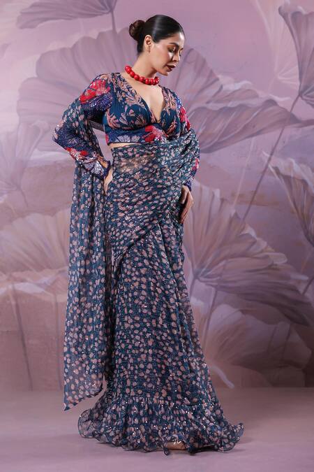 Shop_Pallavi Jaipur_Blue Chiffon Sequins, Embroidery V-neck Calcutta Jhilmil Saree With Blouse _Online_at_Aza_Fashions