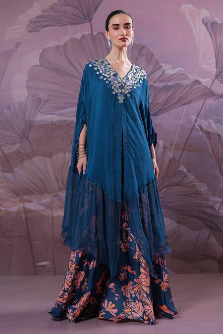 Pallavi Jaipur_Blue Silk Gota Patti, Sequins, Chakarborty Gotaphool Kaftan And Pant Set _Online_at_Aza_Fashions