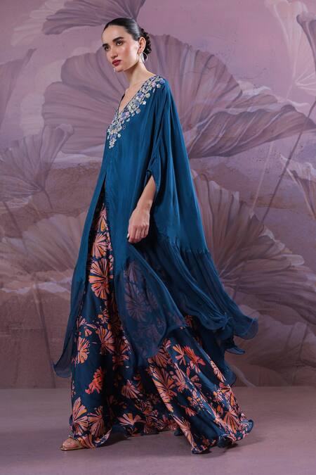 Buy_Pallavi Jaipur_Blue Silk Gota Patti, Sequins, Chakarborty Gotaphool Kaftan And Pant Set _Online_at_Aza_Fashions