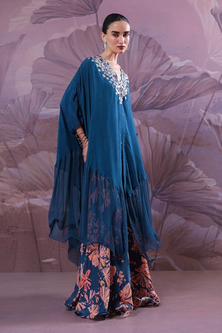 Shop_Pallavi Jaipur_Blue Silk Gota Patti, Sequins, Chakarborty Gotaphool Kaftan And Pant Set _Online_at_Aza_Fashions