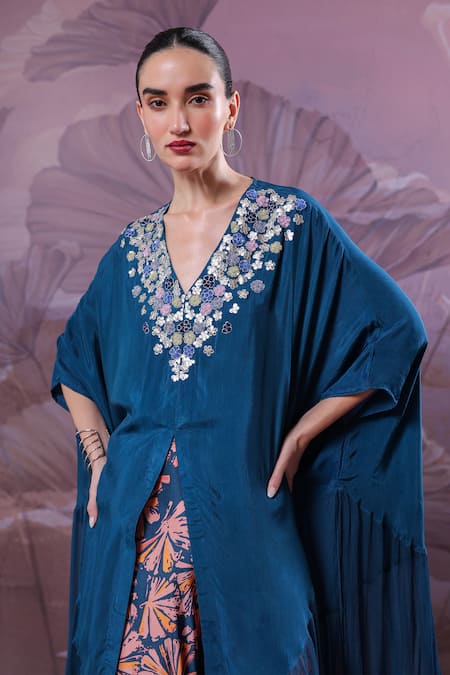Pallavi Jaipur_Blue Silk Gota Patti, Sequins, Chakarborty Gotaphool Kaftan And Pant Set _at_Aza_Fashions