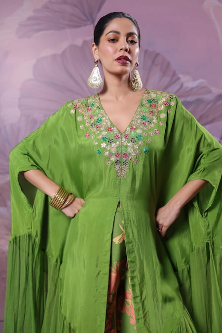 Pallavi Jaipur_Lime Silk Gota Patti, Embroidery Chakarborty Gotaphool Kaftan With Printed Pant _Online_at_Aza_Fashions