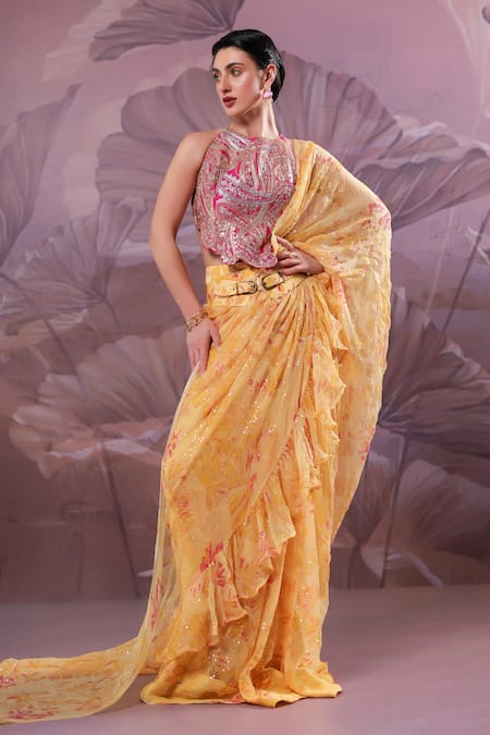 Pallavi Jaipur Yellow Chiffon, Tussar Jhilmil Pre-draped Ruffle Saree With Ambi Rani Blouse