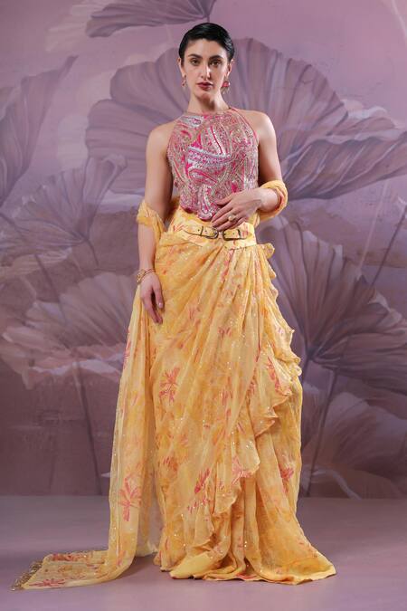 Buy_Pallavi Jaipur_Yellow Chiffon, Tussar Jhilmil Pre-draped Ruffle Saree With Ambi Rani Blouse _Online_at_Aza_Fashions