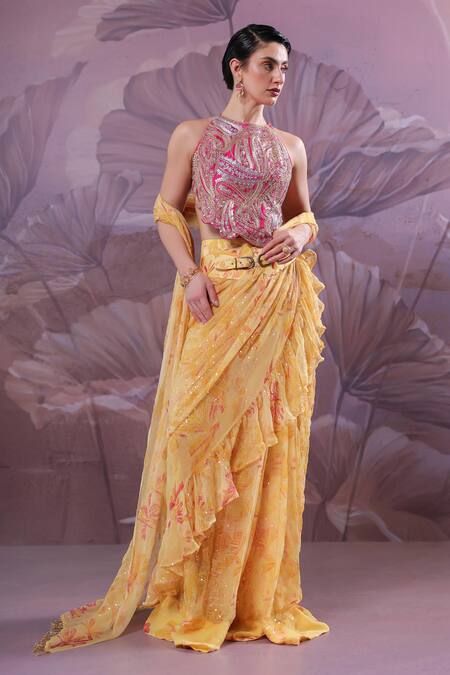 Shop_Pallavi Jaipur_Yellow Chiffon, Tussar Jhilmil Pre-draped Ruffle Saree With Ambi Rani Blouse _Online_at_Aza_Fashions