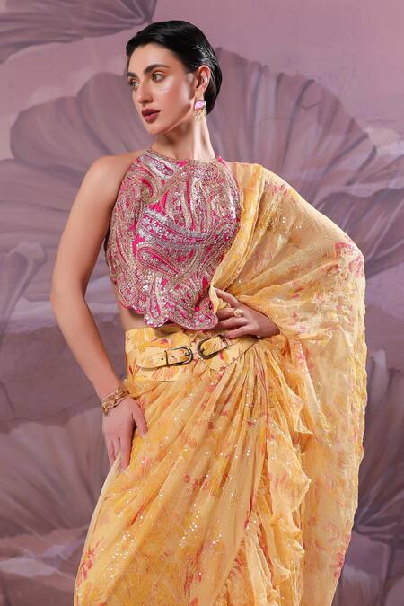 Buy_Pallavi Jaipur_Yellow Chiffon, Tussar Jhilmil Pre-draped Ruffle Saree With Ambi Rani Blouse 