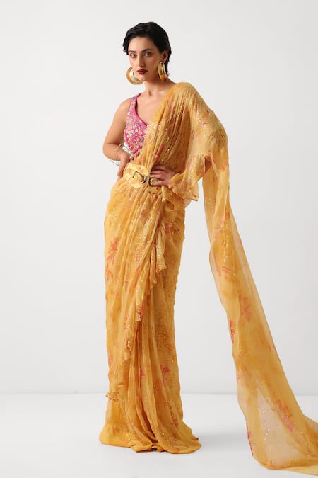 Pallavi Jaipur_Yellow Chiffon, Tussar Sequins, Gota Butter Pre-draped Saree With Phool Blouse _Online_at_Aza_Fashions