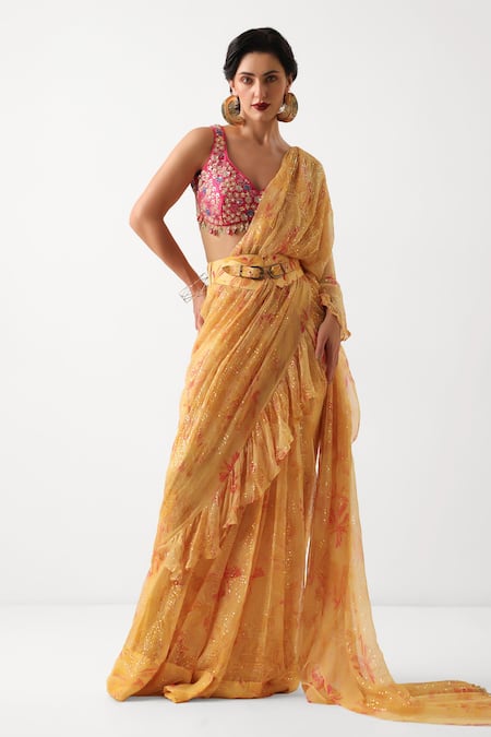 Buy_Pallavi Jaipur_Yellow Chiffon, Tussar Sequins, Gota Butter Pre-draped Saree With Phool Blouse _Online_at_Aza_Fashions
