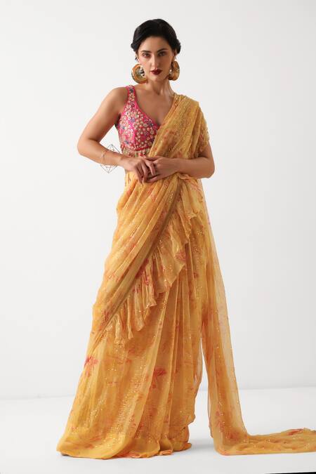 Shop_Pallavi Jaipur_Yellow Chiffon, Tussar Sequins, Gota Butter Pre-draped Saree With Phool Blouse _Online_at_Aza_Fashions