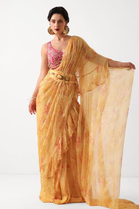 Pallavi Jaipur_Yellow Chiffon, Tussar Sequins, Gota Butter Pre-draped Saree With Phool Blouse _at_Aza_Fashions