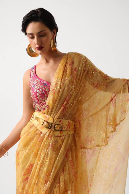 Shop_Pallavi Jaipur_Yellow Chiffon, Tussar Sequins, Gota Butter Pre-draped Saree With Phool Blouse 