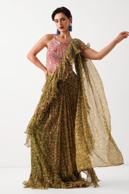 Pallavi Jaipur Green Chiffon, Tussar Ezra Pre-draped Jhilmil Saree With Rani Ambi Blouse 