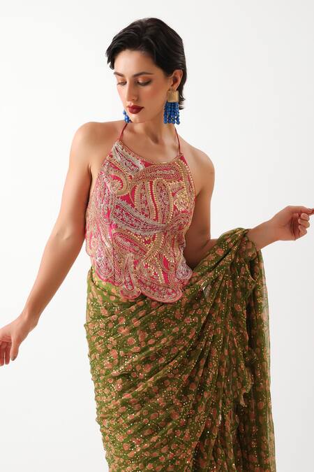 Pallavi Jaipur_Green Chiffon, Tussar Ezra Pre-draped Jhilmil Saree With Rani Ambi Blouse _Online_at_Aza_Fashions