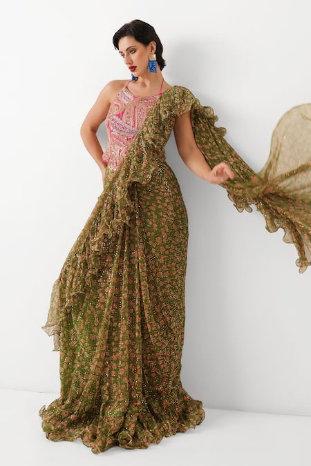 Buy_Pallavi Jaipur_Green Chiffon, Tussar Ezra Pre-draped Jhilmil Saree With Rani Ambi Blouse _Online_at_Aza_Fashions