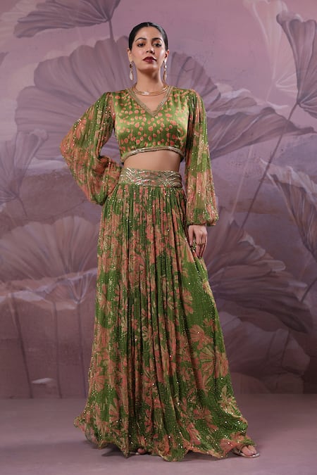 Pallavi Jaipur Green Silk, Chiffon Sequins, Embroidery Avacado Phool Bazar Top And Skirt Set 