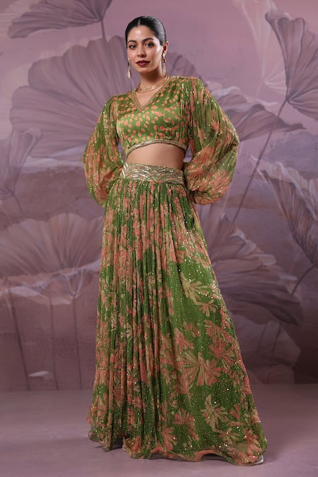 Pallavi Jaipur_Green Silk, Chiffon Sequins, Embroidery Avacado Phool Bazar Top And Skirt Set _Online_at_Aza_Fashions