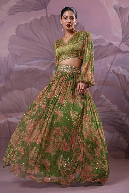 Buy_Pallavi Jaipur_Green Silk, Chiffon Sequins, Embroidery Avacado Phool Bazar Top And Skirt Set _Online_at_Aza_Fashions