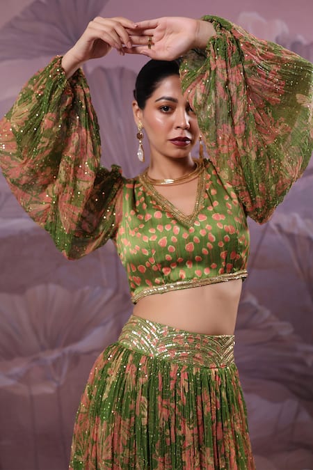 Shop_Pallavi Jaipur_Green Silk, Chiffon Sequins, Embroidery Avacado Phool Bazar Top And Skirt Set _Online_at_Aza_Fashions