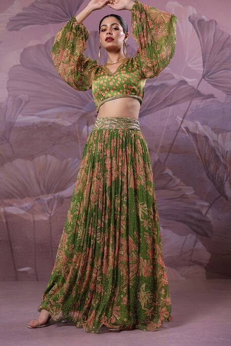 Pallavi Jaipur_Green Silk, Chiffon Sequins, Embroidery Avacado Phool Bazar Top And Skirt Set _at_Aza_Fashions