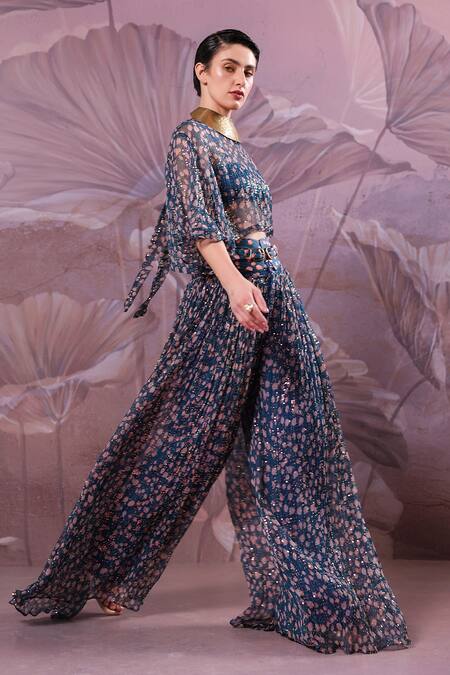 Pallavi Jaipur_Blue Chiffon Sequins Round Neck Prussian Mukherjee Co-ord Palazzo Set _Online_at_Aza_Fashions
