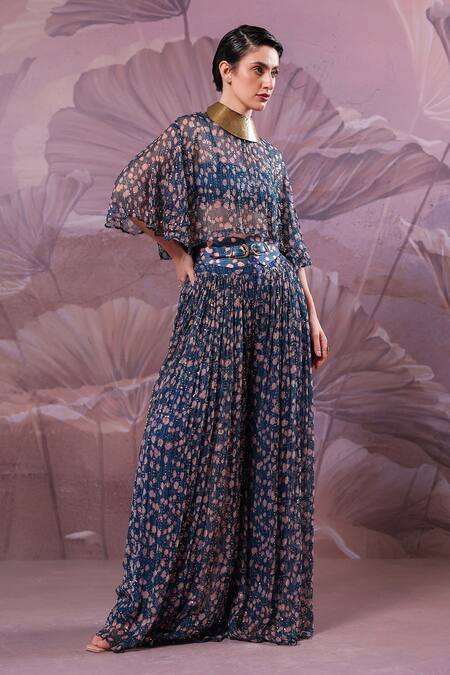 Buy_Pallavi Jaipur_Blue Chiffon Sequins Round Neck Prussian Mukherjee Co-ord Palazzo Set _Online_at_Aza_Fashions