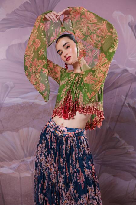 Pallavi Jaipur_Green Chiffon Embroidery Round Neck Gulaab Pan Print Top And Skirt Set _Online_at_Aza_Fashions