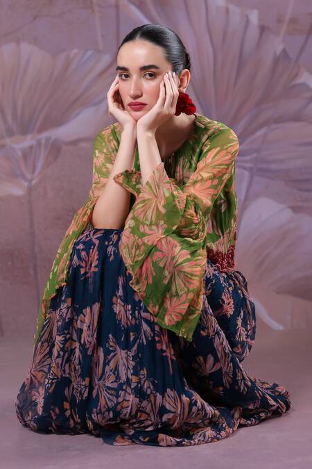 Buy_Pallavi Jaipur_Green Chiffon Embroidery Round Neck Gulaab Pan Print Top And Skirt Set _Online_at_Aza_Fashions