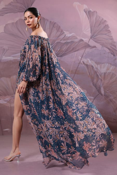Pallavi Jaipur_Blue Chiffon Sequins Off-shoulder Eden Garden Maxi Dress With Belt _Online_at_Aza_Fashions