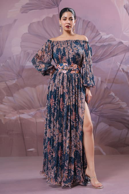 Pallavi Jaipur Blue Chiffon Sequins Off-shoulder Eden Garden Maxi Dress With Belt 