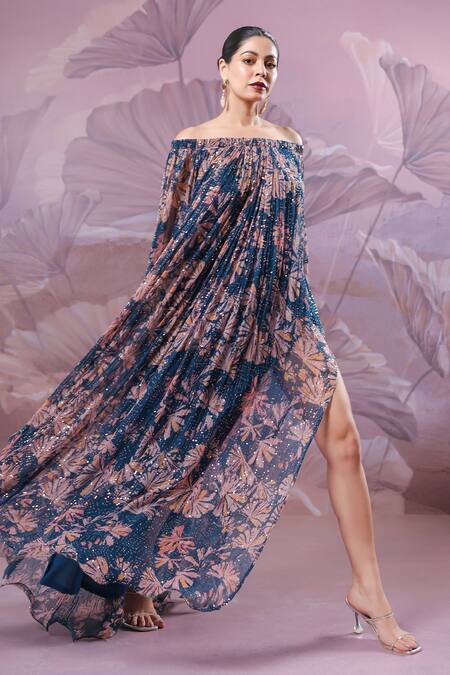 Shop_Pallavi Jaipur_Blue Chiffon Sequins Off-shoulder Eden Garden Maxi Dress With Belt _Online_at_Aza_Fashions