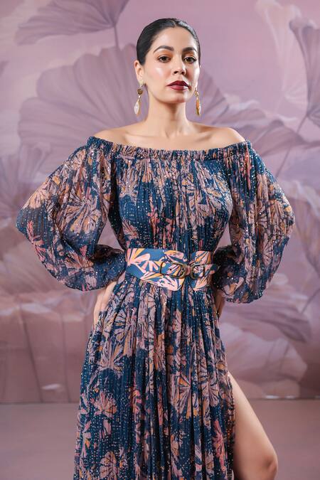 Pallavi Jaipur_Blue Chiffon Sequins Off-shoulder Eden Garden Maxi Dress With Belt _at_Aza_Fashions
