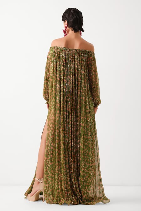 Pallavi Jaipur Avacado Green Eden Garden Dress With Belt 