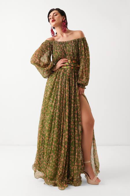 Pallavi Jaipur_Green Chiffon Sequins Off-shoulder Avacado Eden Garden Dress With Belt _Online_at_Aza_Fashions