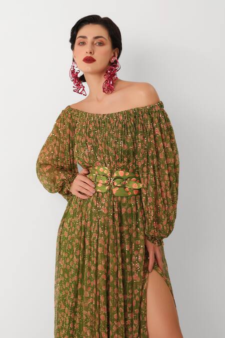 Buy_Pallavi Jaipur_Green Chiffon Sequins Off-shoulder Avacado Eden Garden Dress With Belt _Online_at_Aza_Fashions