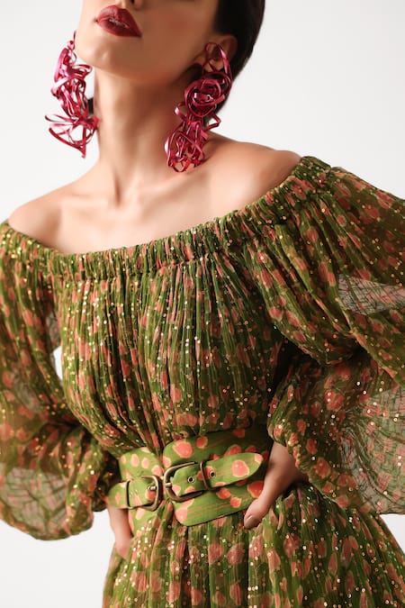 Shop_Pallavi Jaipur_Green Chiffon Sequins Off-shoulder Avacado Eden Garden Dress With Belt _Online_at_Aza_Fashions