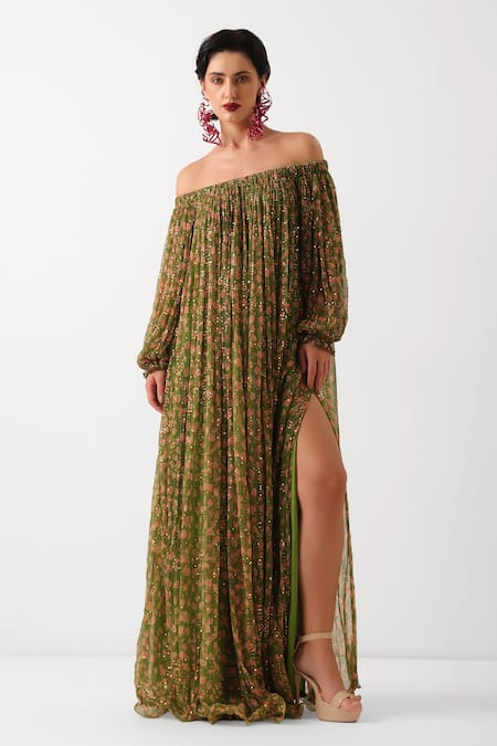 Pallavi Jaipur_Green Chiffon Sequins Off-shoulder Avacado Eden Garden Dress With Belt _at_Aza_Fashions