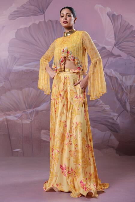 Pallavi Jaipur_Yellow Silk, Chiffon Embroidery, Sequins High Neck Kesar Bagh Printed Skirt Set _Online_at_Aza_Fashions