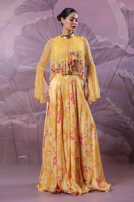 Buy_Pallavi Jaipur_Yellow Silk, Chiffon Embroidery, Sequins High Neck Kesar Bagh Printed Skirt Set _Online_at_Aza_Fashions
