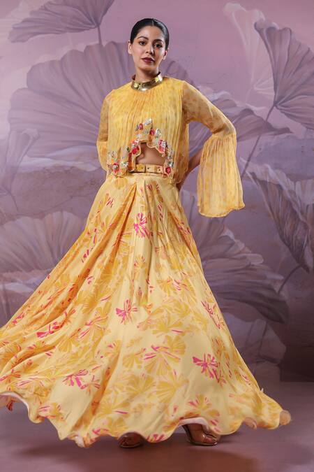 Shop_Pallavi Jaipur_Yellow Silk, Chiffon Embroidery, Sequins High Neck Kesar Bagh Printed Skirt Set _Online_at_Aza_Fashions