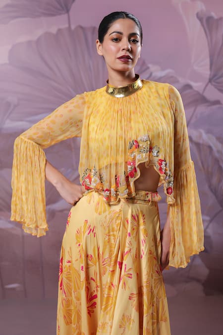 Pallavi Jaipur_Yellow Silk, Chiffon Embroidery, Sequins High Neck Kesar Bagh Printed Skirt Set _at_Aza_Fashions