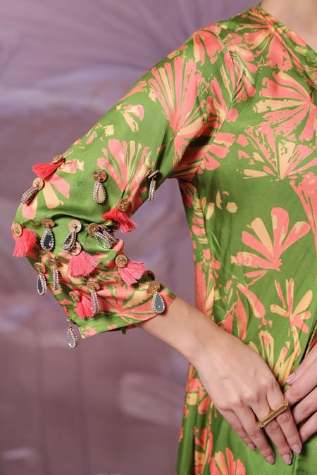 Buy_Pallavi Jaipur_Green Silk Tassels, Mirrors V-neck Ballygunge Avacado Tunic With Pant _Online_at_Aza_Fashions